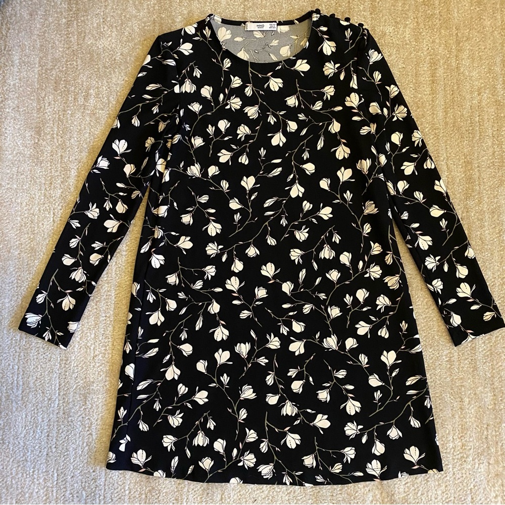 MANGO Black & White Floral Printed A-Line Dress Long Sleeve Mini Length Size 2